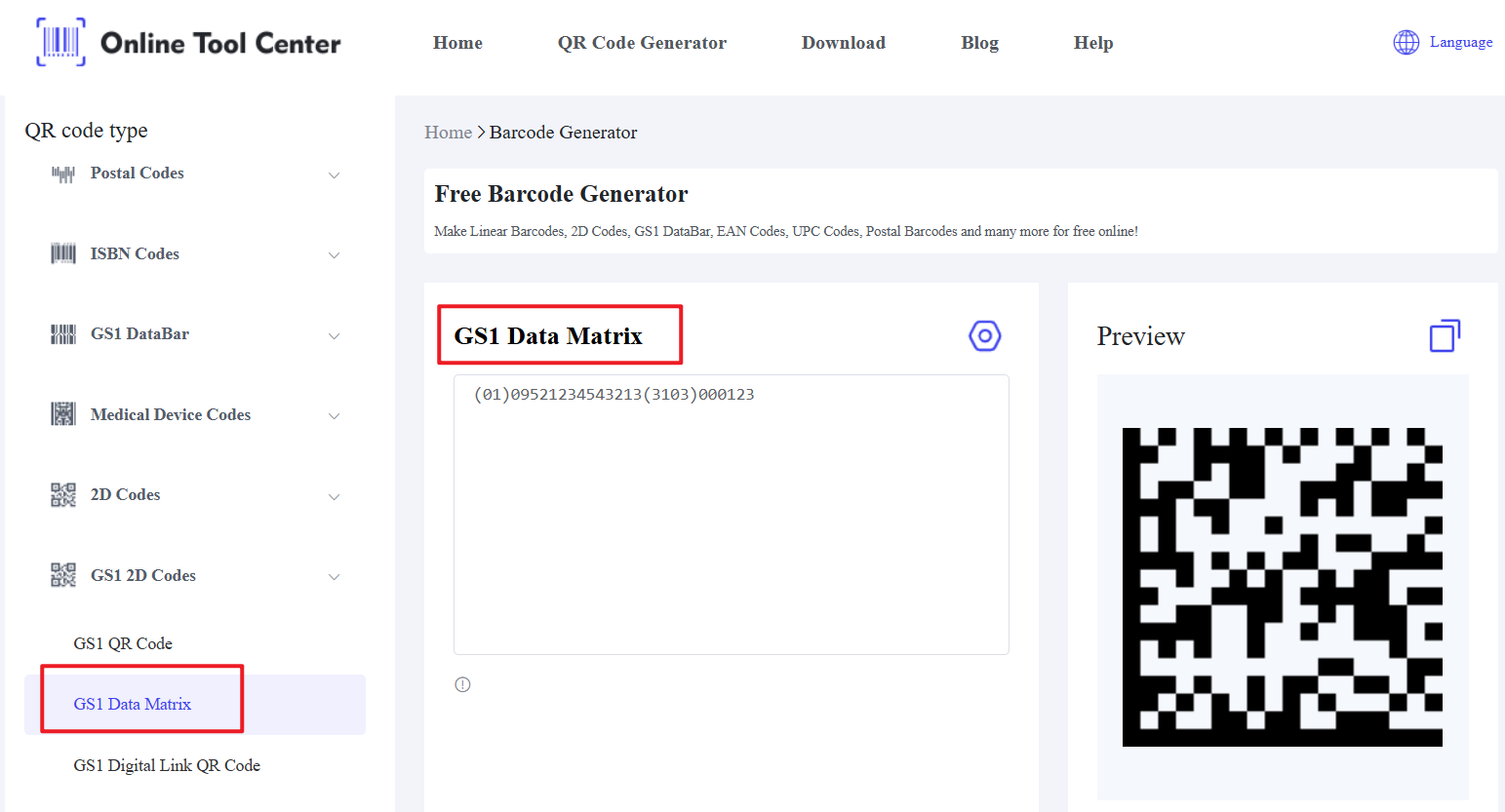 Generátor čárových kódů GS1 Data Matrix